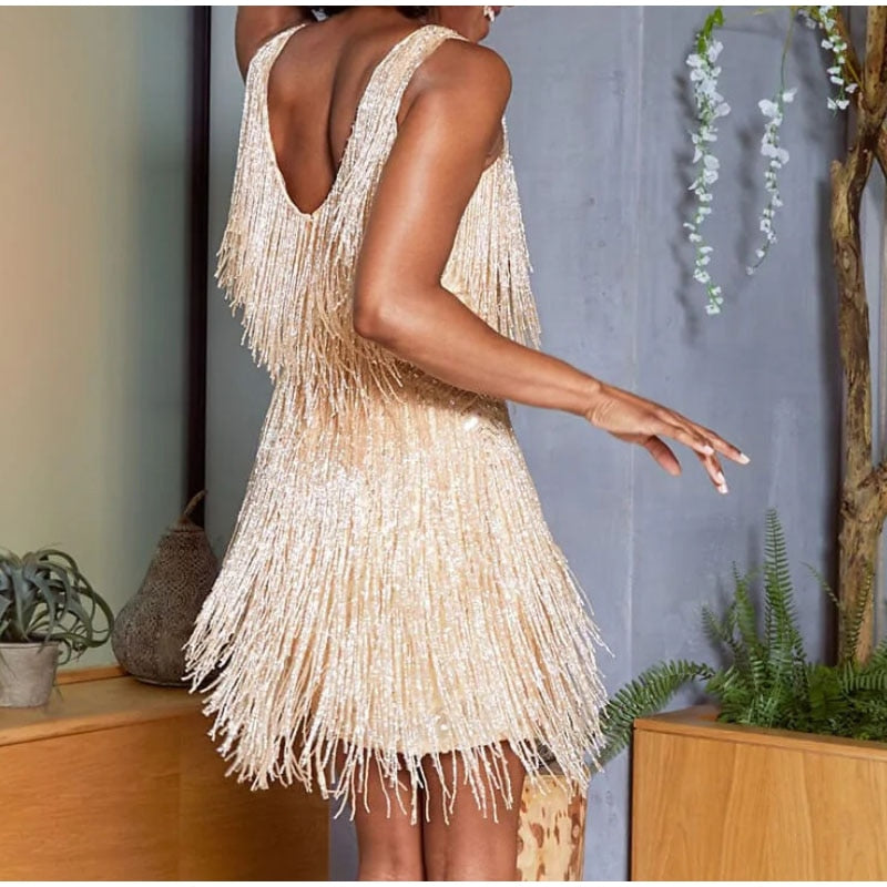 Sexy Women's Fringed Sequin Feather Stitching Dress Summer Slim V-Neck Off Shoulder Dresses Female Backless Slip Mini Robe