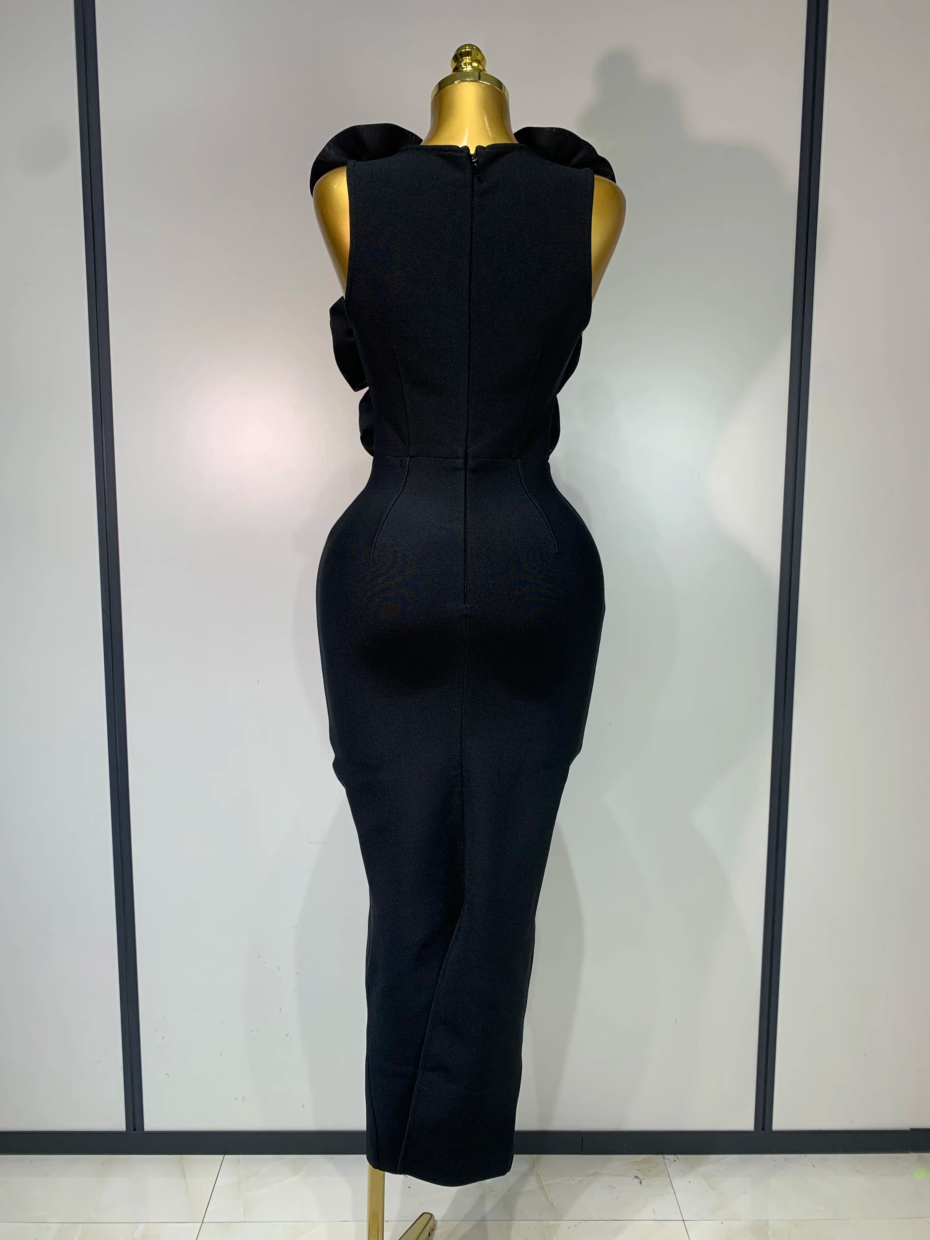 Fashion Black 3D Flower Bodycon Long Bandage Dress Celebrity Elegant Party Birthday Dress Women's Sleeveless Sexy Vestidos