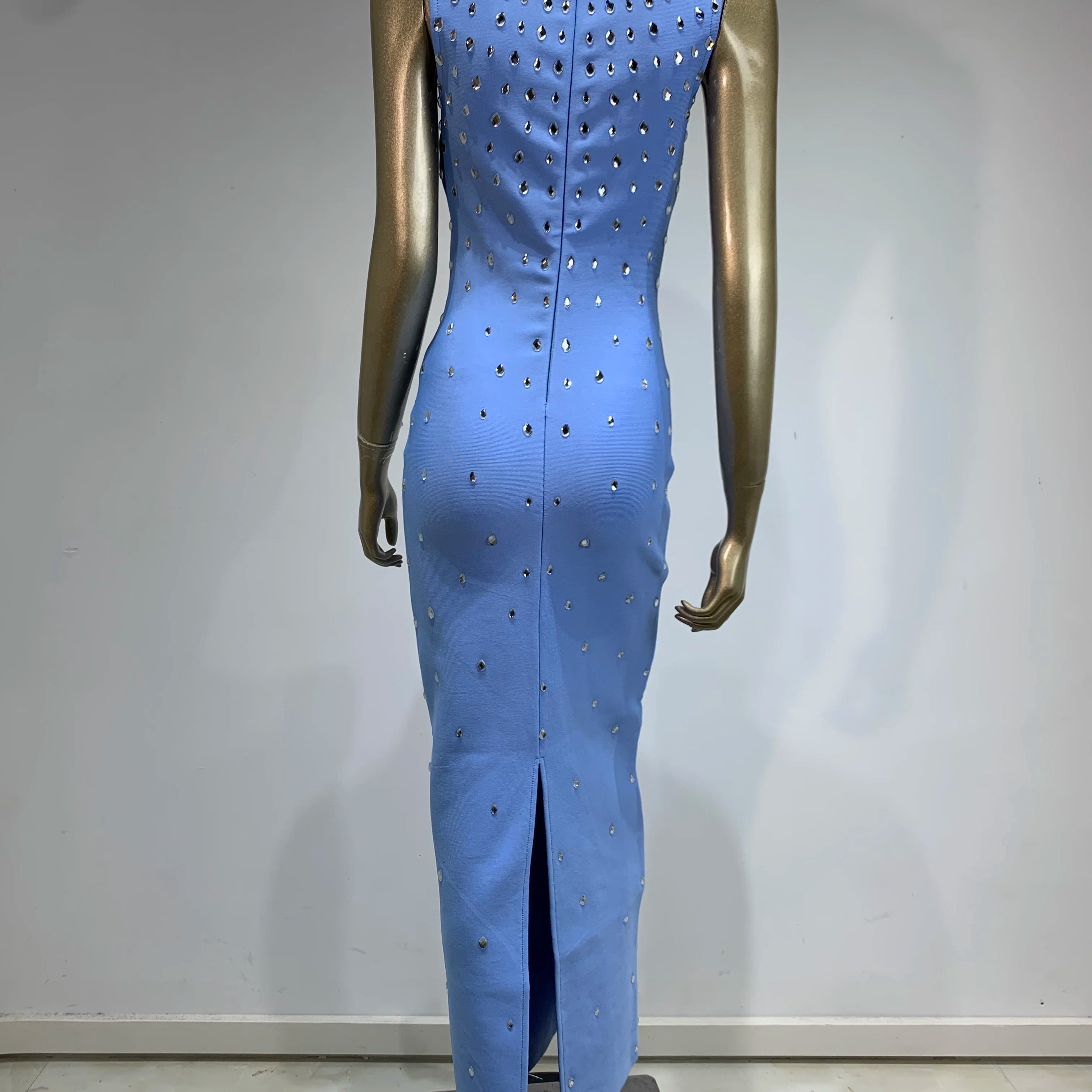 Women Celebrity Sexy Tank Studded Sky Blue Black Maxi Long Bodycon Bandage Dress 2024 Elegant Evening Club Party Outfit