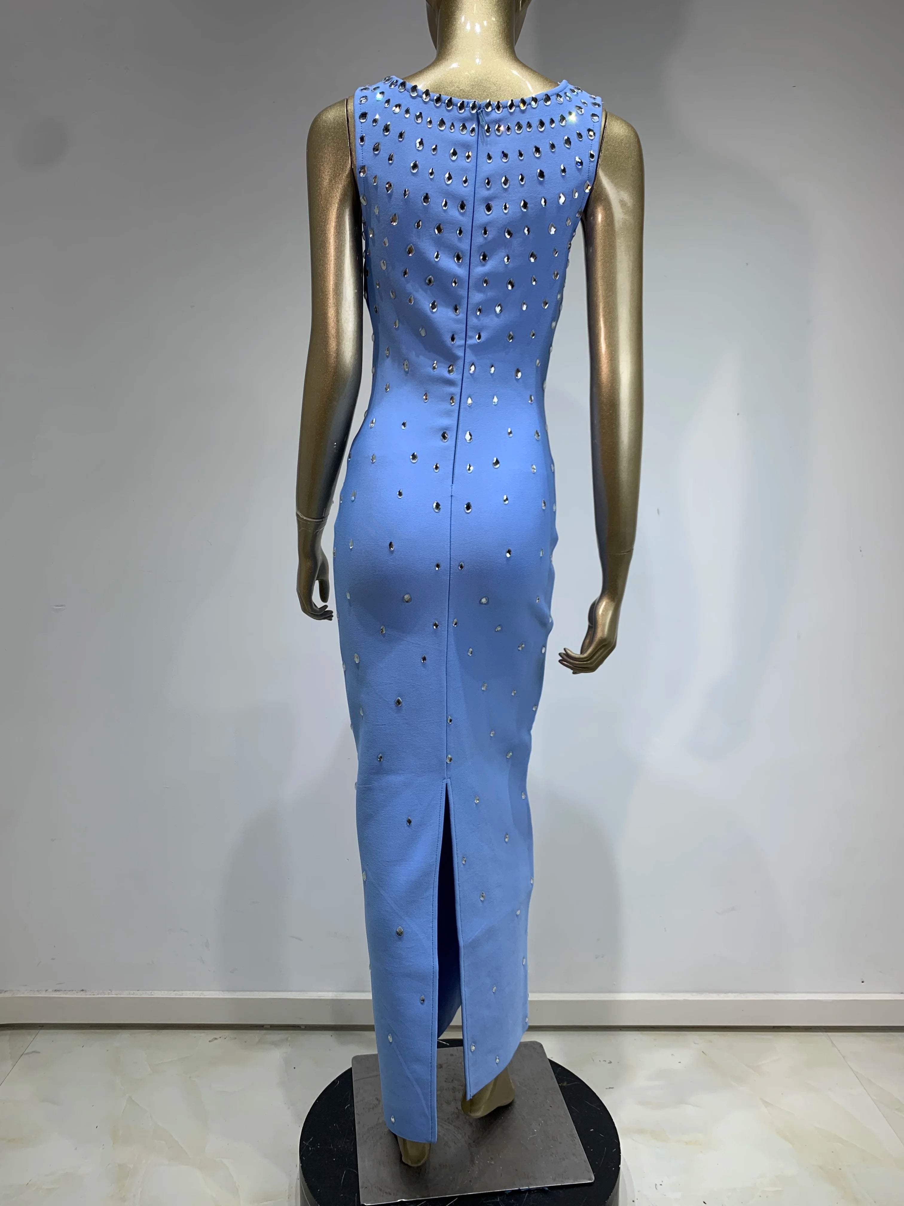 Women Celebrity Sexy Tank Studded Sky Blue Black Maxi Long Bodycon Bandage Dress 2024 Elegant Evening Club Party Outfit