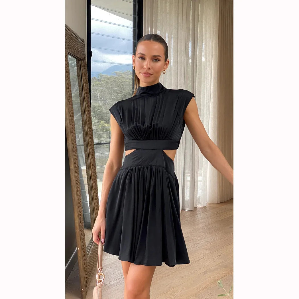 Women Spring Summer Long Maxi Dress Solid Color Fashion Sleeveless Backless Sweet Elegant Casual Dress 2023 Short-Black