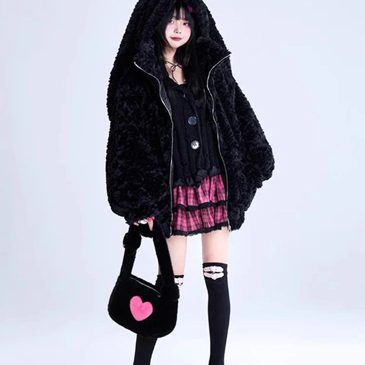 Autumn Winter Sweet Cute Lovely Warm Thick Soft Black Faux Fur Coat Women Bunny Ears Fuzzy Fluffy Jacket Hoodie 2023