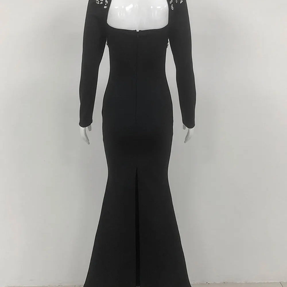 Elegant Light Luxury Nail Diamond Tail Dress Women Long Sleeve Bodycon Bandage Dress Celebrity Evening Party Long Dress Vestidos