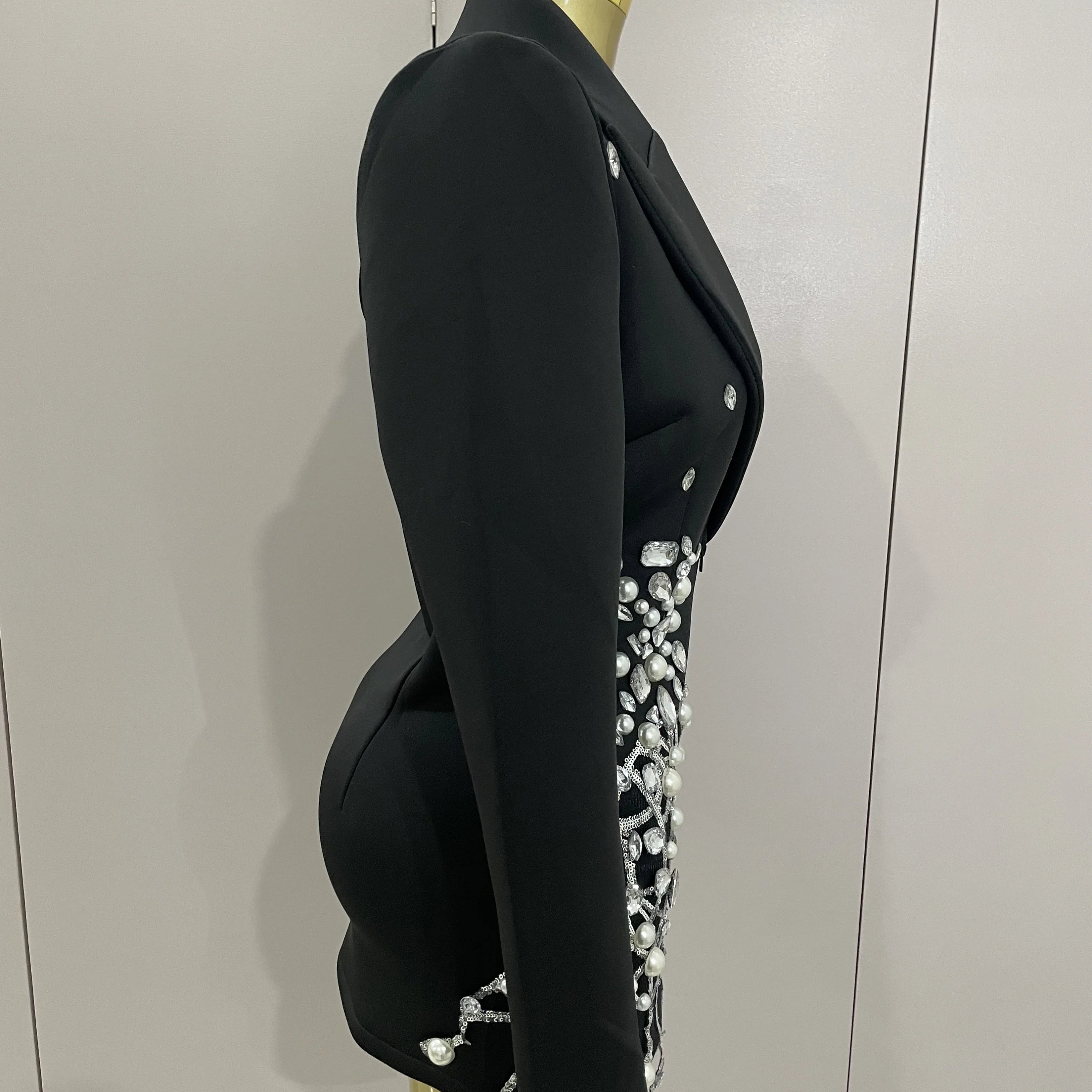 2025 Sparkly Crystal Chains Pearls Long Sleeve Mini Dress Women Birthday Evening Party Nightclub Outfit Singer Wedding Costume