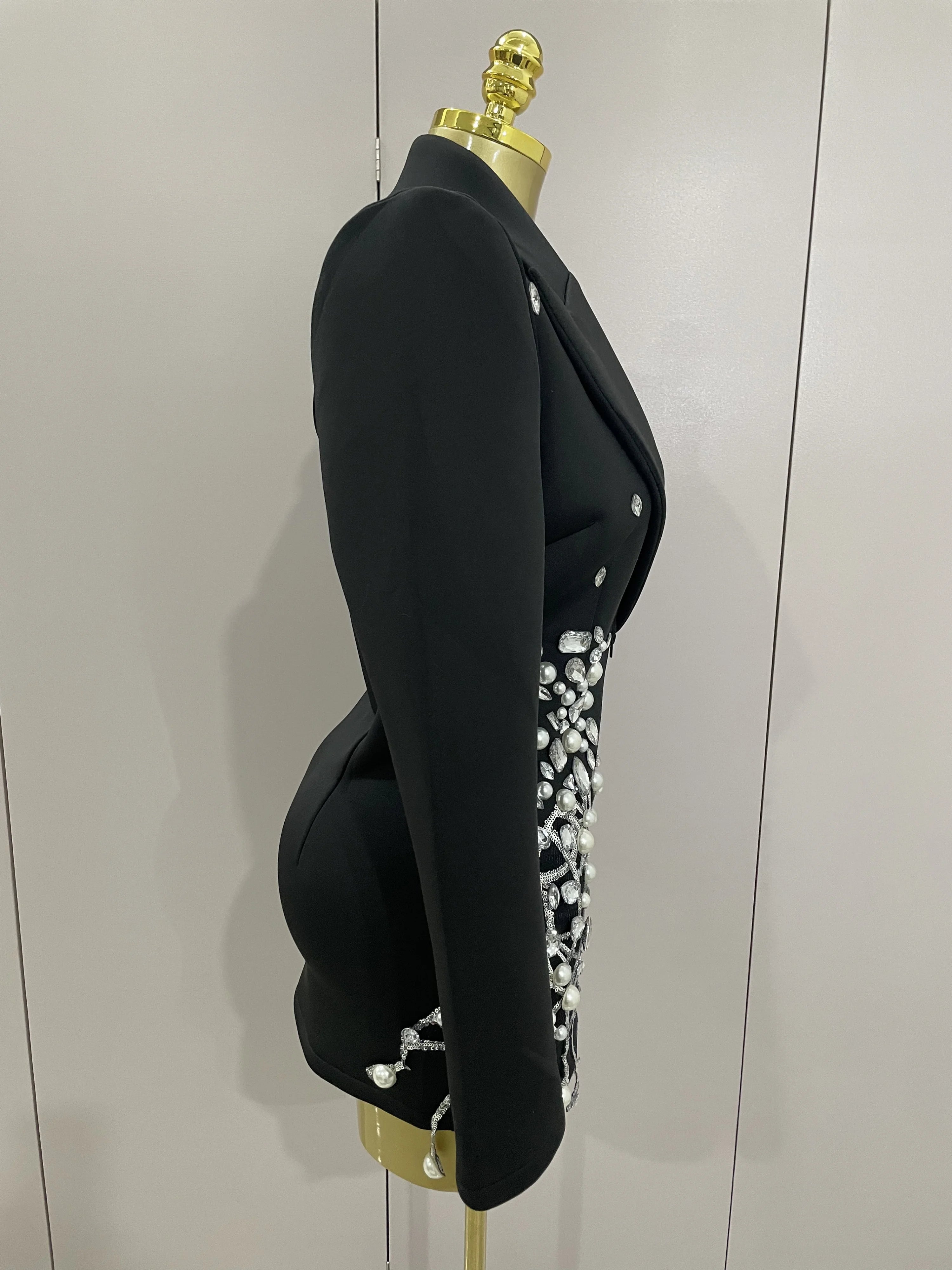 2025 Sparkly Crystal Chains Pearls Long Sleeve Mini Dress Women Birthday Evening Party Nightclub Outfit Singer Wedding Costume