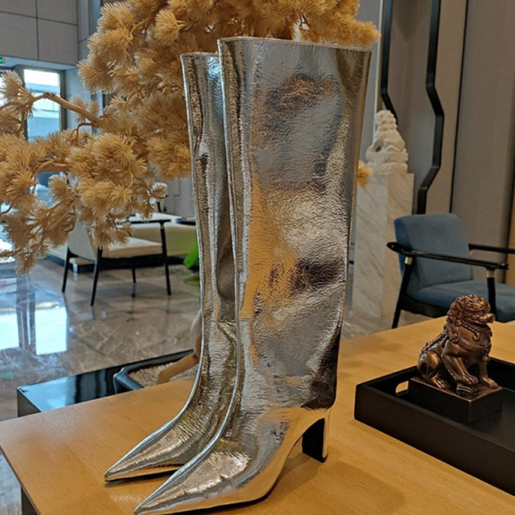 Women's New Pointed Thick Heel Sleeve Knee High Boots Fashion Fashion Show Gold Large Winter Boots 263silvery