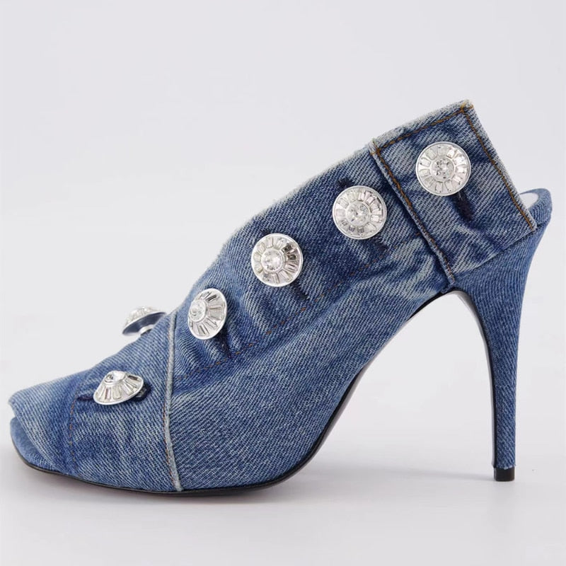 Women's Summer European and American Vintage Denim Slim High Heel Button Sandals Fashion New Open Teeth Large Size Sandals
