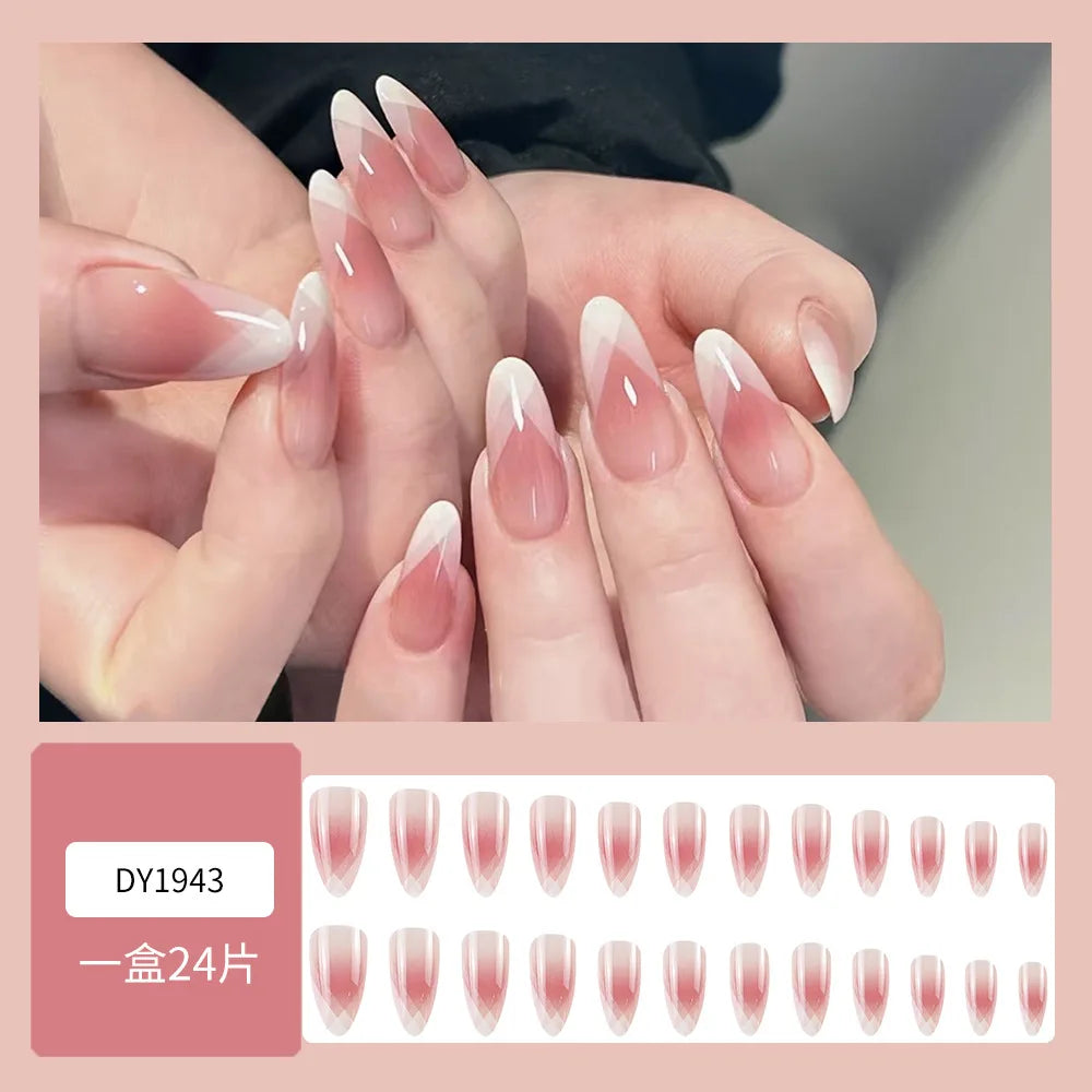 24pcs French Almond Fake Nail Sweet Pink White Gradient False Nail Tips for Lady Women Wearable Ins Simple Korean Press on Nails