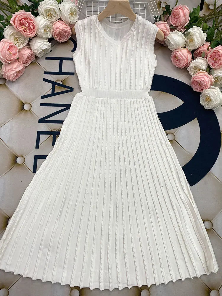 2024 New Listing Elegant Striped Knit Dress Women O-neck Sleeveless A-line Dresses Club Evening Party Midi Vestido WHITE