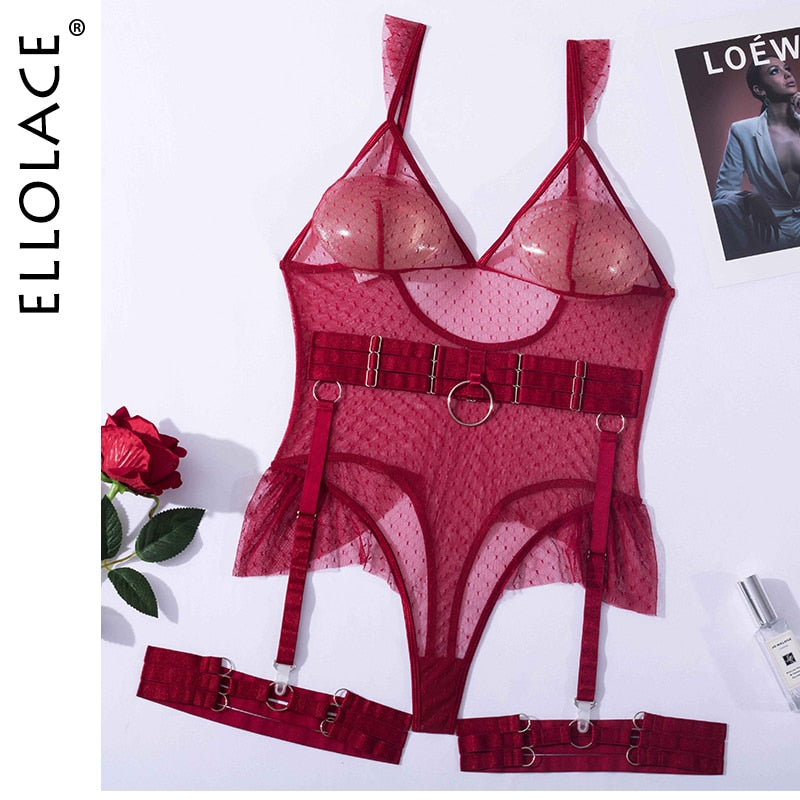 Polka Dot Bodysuit Lingerie Sexy Transparent Tempt Sissy Body Lace See Through Erotic Costumes Fitness Porn Hot Tops Burgundy