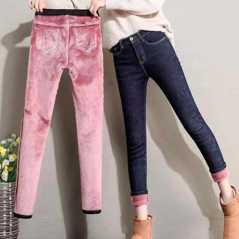 Women Thermal Jeans Winter Snow Warm Plush Stretch Jeans Lady Skinny Thicken Fleece Denim Long Pants Retro Pencil Trousers