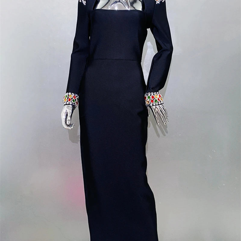 Luxury Colorful Diamonds Sexy Square Collar Black Bandage Dress Fashion Woman Evening dress Celebrity Cocktail Party Outfit black