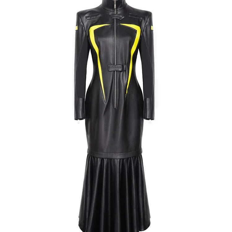 Spring Autumn Cool Red and Black Patchwork Faux Leather Maxi Dress Women with Detachable Hem Luxury Designer Clothing