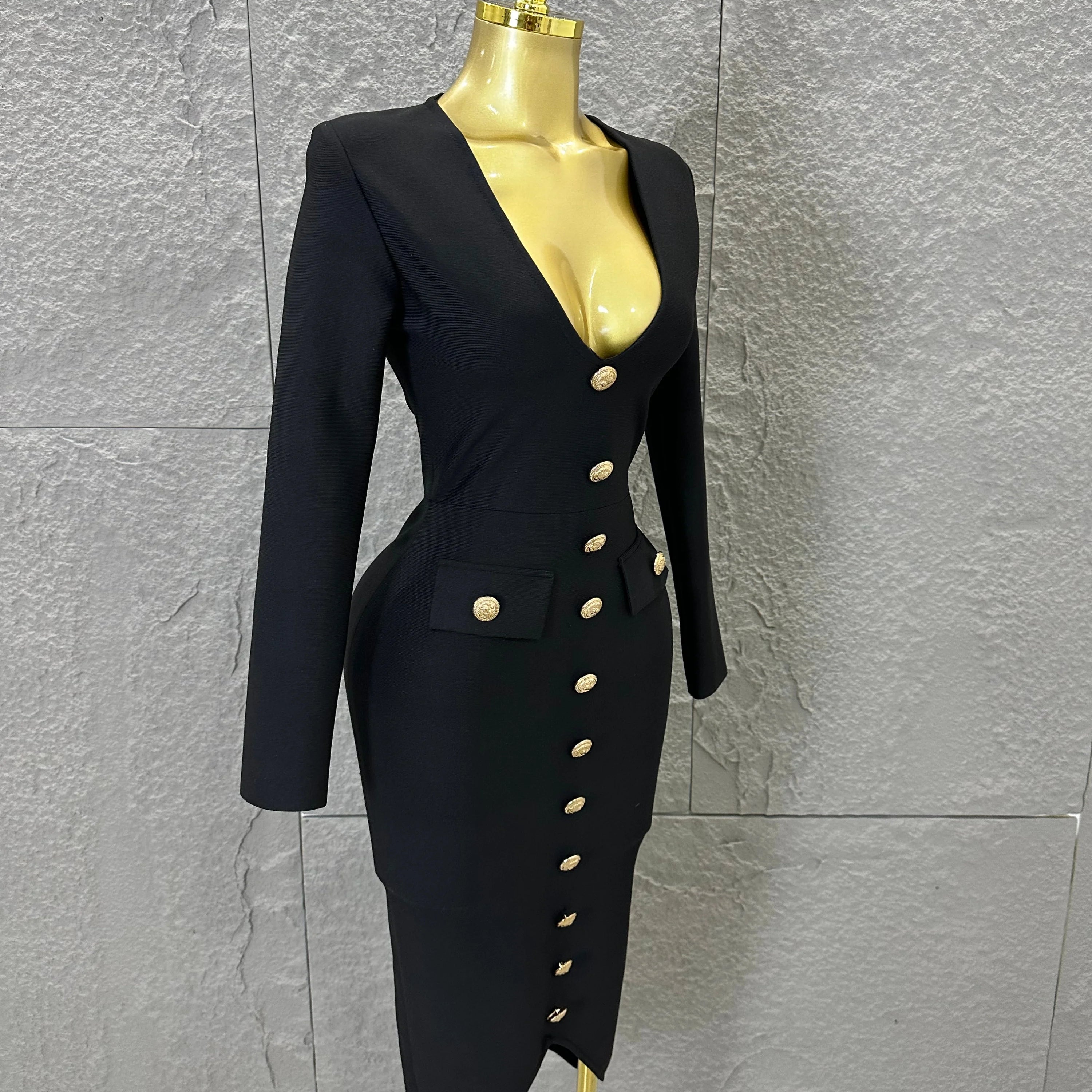 Elegant Black Deep V-Neck Midi Dress Women Sexy Long Sleeve Gold Button Form-Fitting Evening Party Cocktail Party Costume