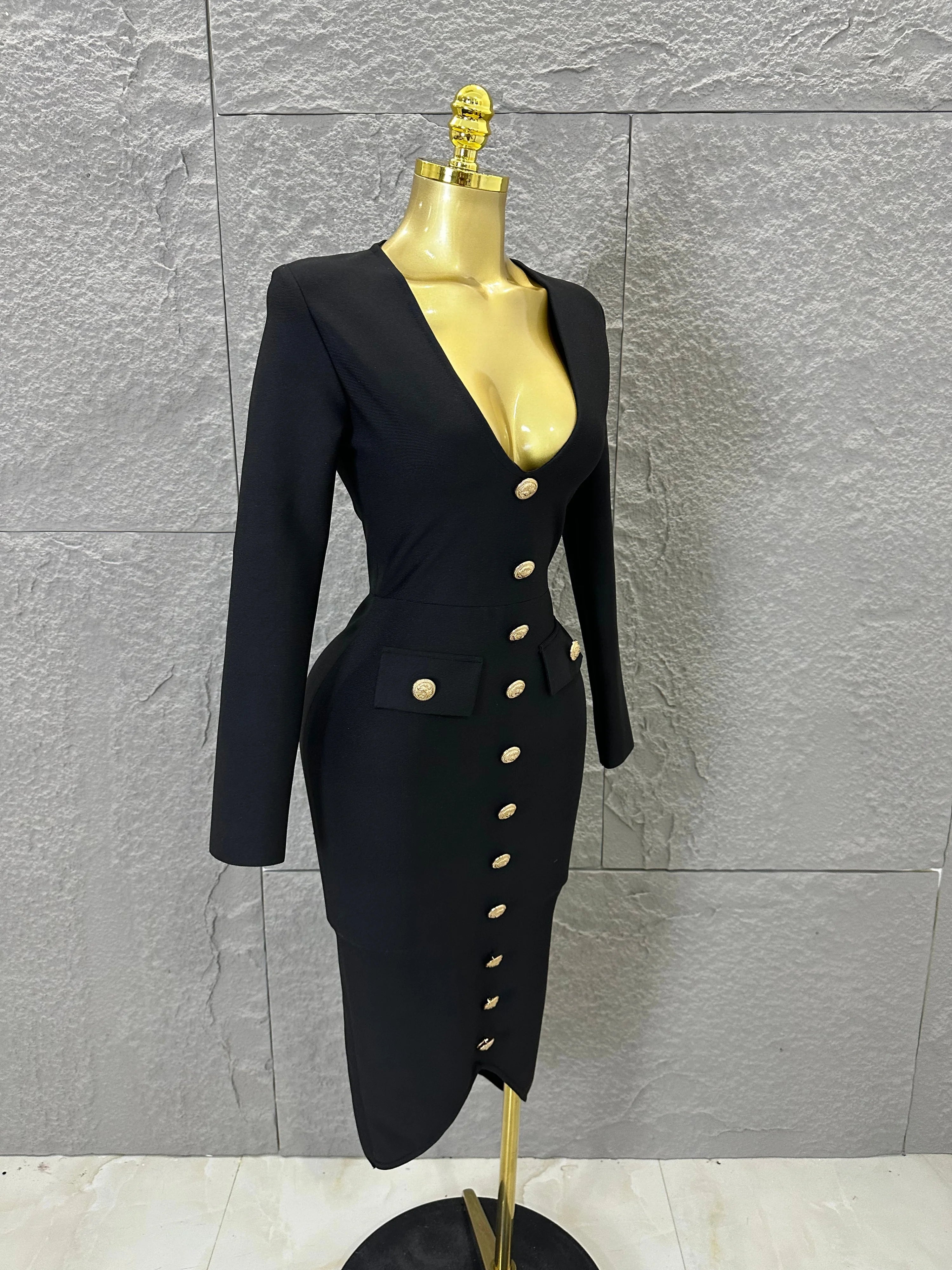Elegant Black Deep V-Neck Midi Dress Women Sexy Long Sleeve Gold Button Form-Fitting Evening Party Cocktail Party Costume