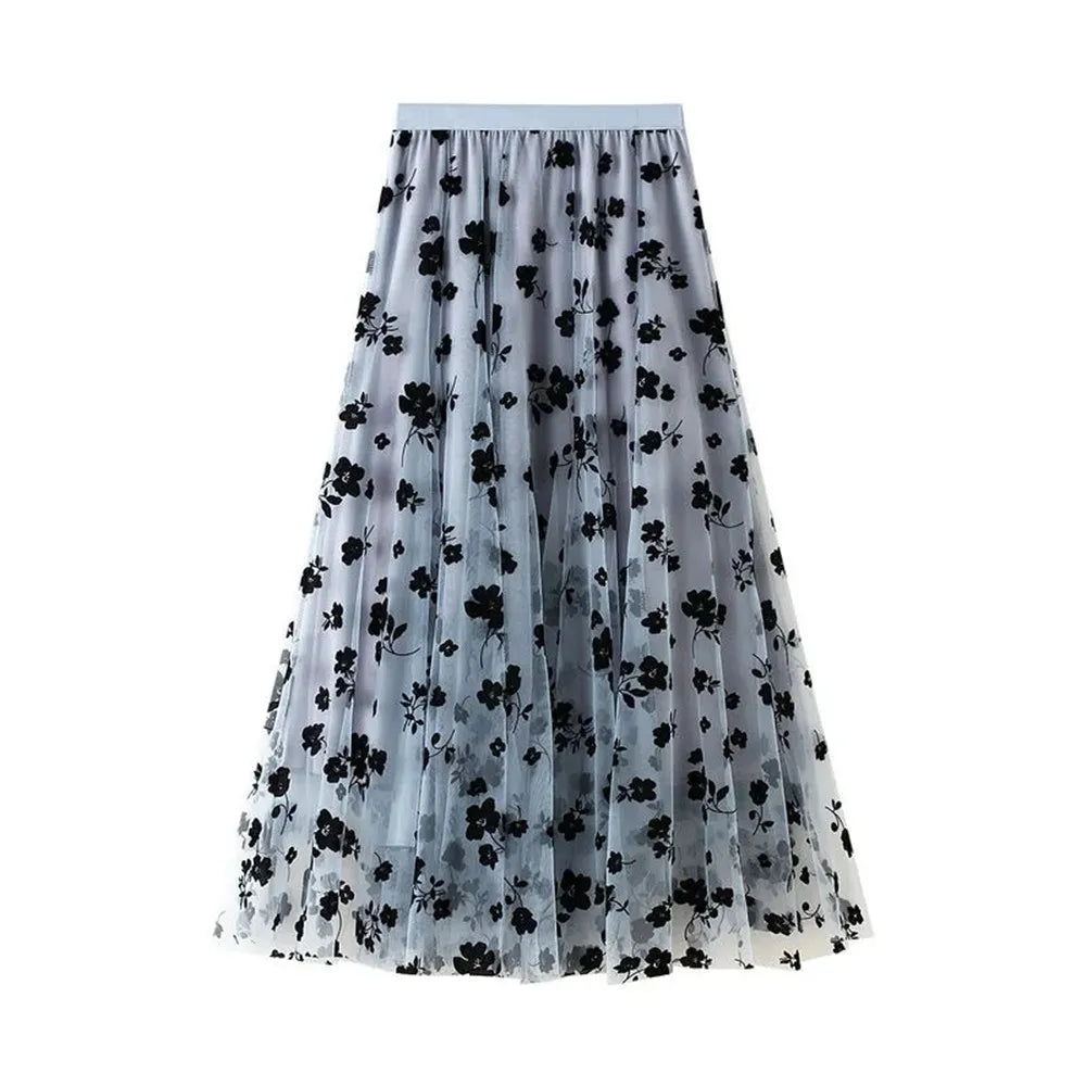 Ladies Vintage Floral Autumn Winter Skirt Women Casual Elastic High Waist Midi Pleated Mesh Tutu Skirt Women Tulle Skirt Female Blue