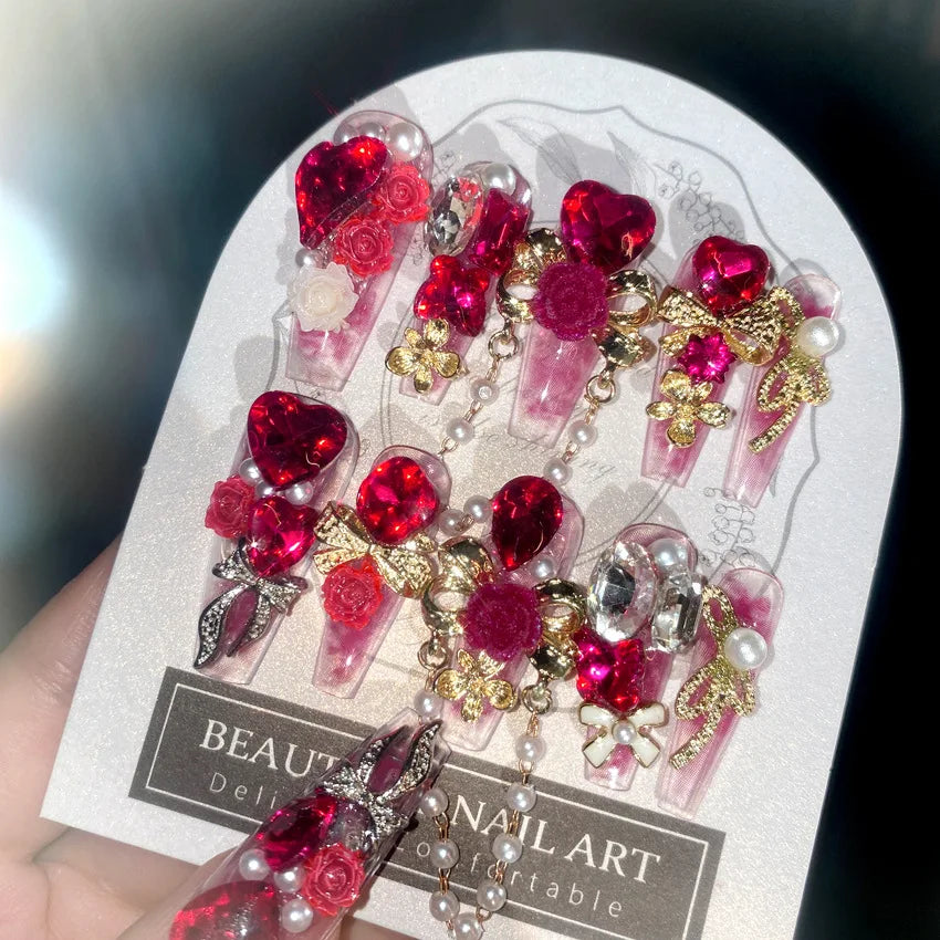 24pcs Heavy Metal Red Crystal Design False Nails 3D Gold Bow Pearl Decor Bride Fake Nail tips Full Cover Diamond Press on nails 1