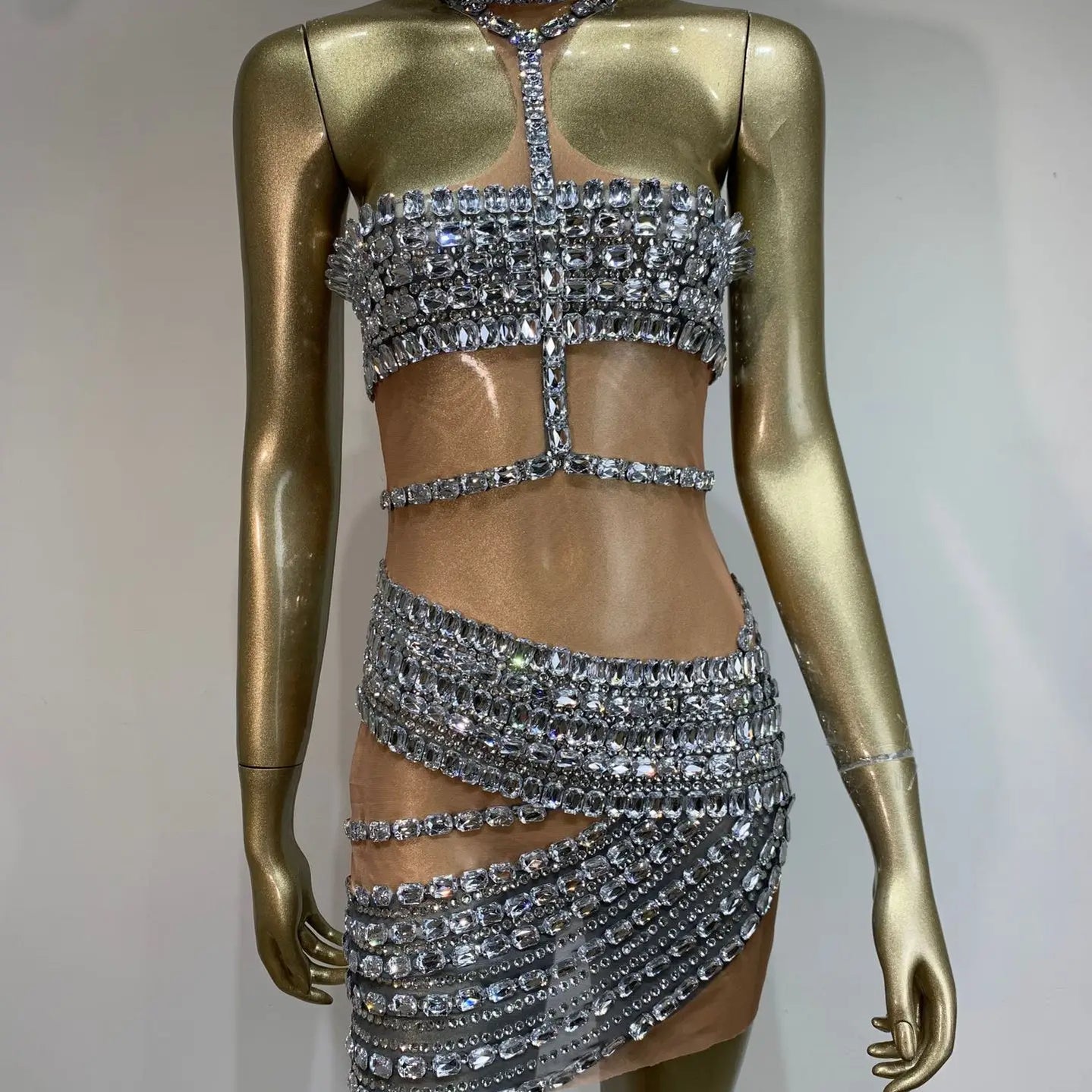 Ladies Celebrity Women Sexy Tank Crystal Diamonds Mesh Mini Dress Birthday Party Costume Bar Nightclub Stage Performance Outfit