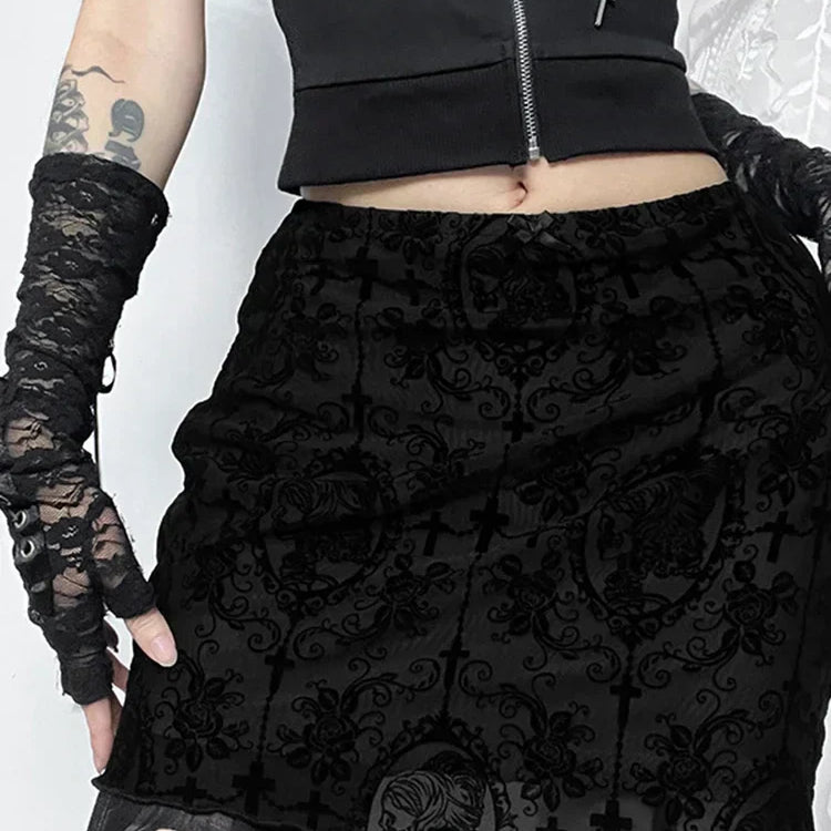 AltGoth Streetwear Elegant Gothic Skirt Women Vintage Emo Alternative Grunge High Waist Flockling Patchwork Mini Skirt Clubwear Black