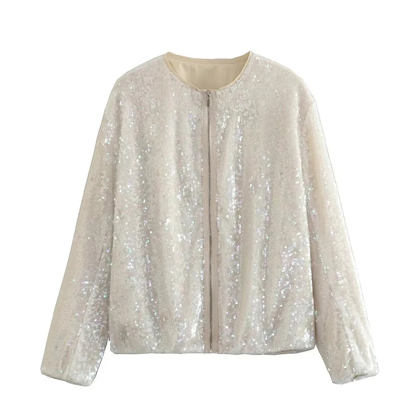 Sequin Women Coat Gold Long Sleeve Stand Collar Gold Female Jacket Autumn Winter Fashion Single Breasted Party Lady Outwear 03 white