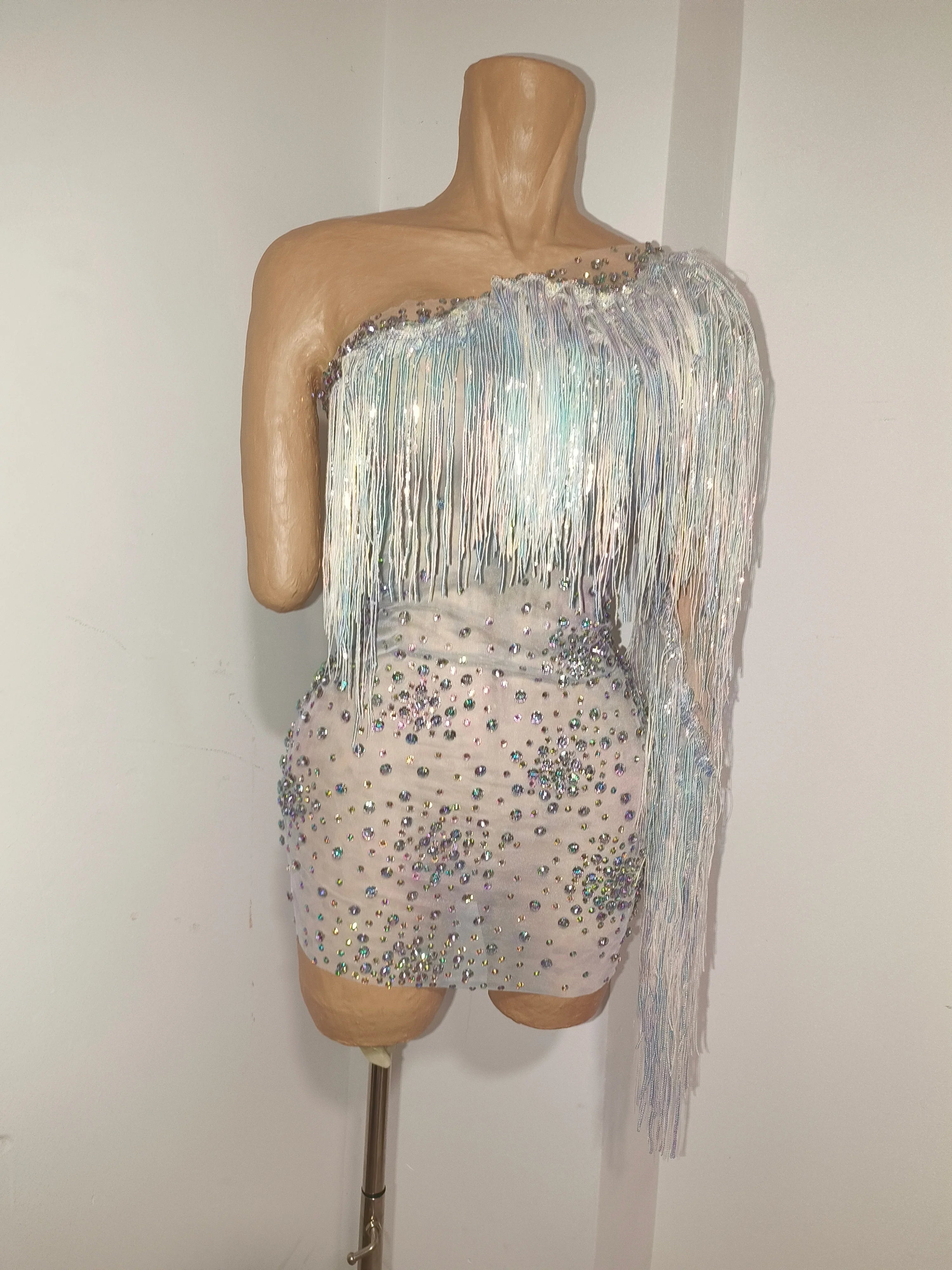 Glamorous Nude Sheer Mesh Dress Women Long Sleeve Flowy Rhinestone Fringe Embellished Nightclub Party Dance Performance Outfit