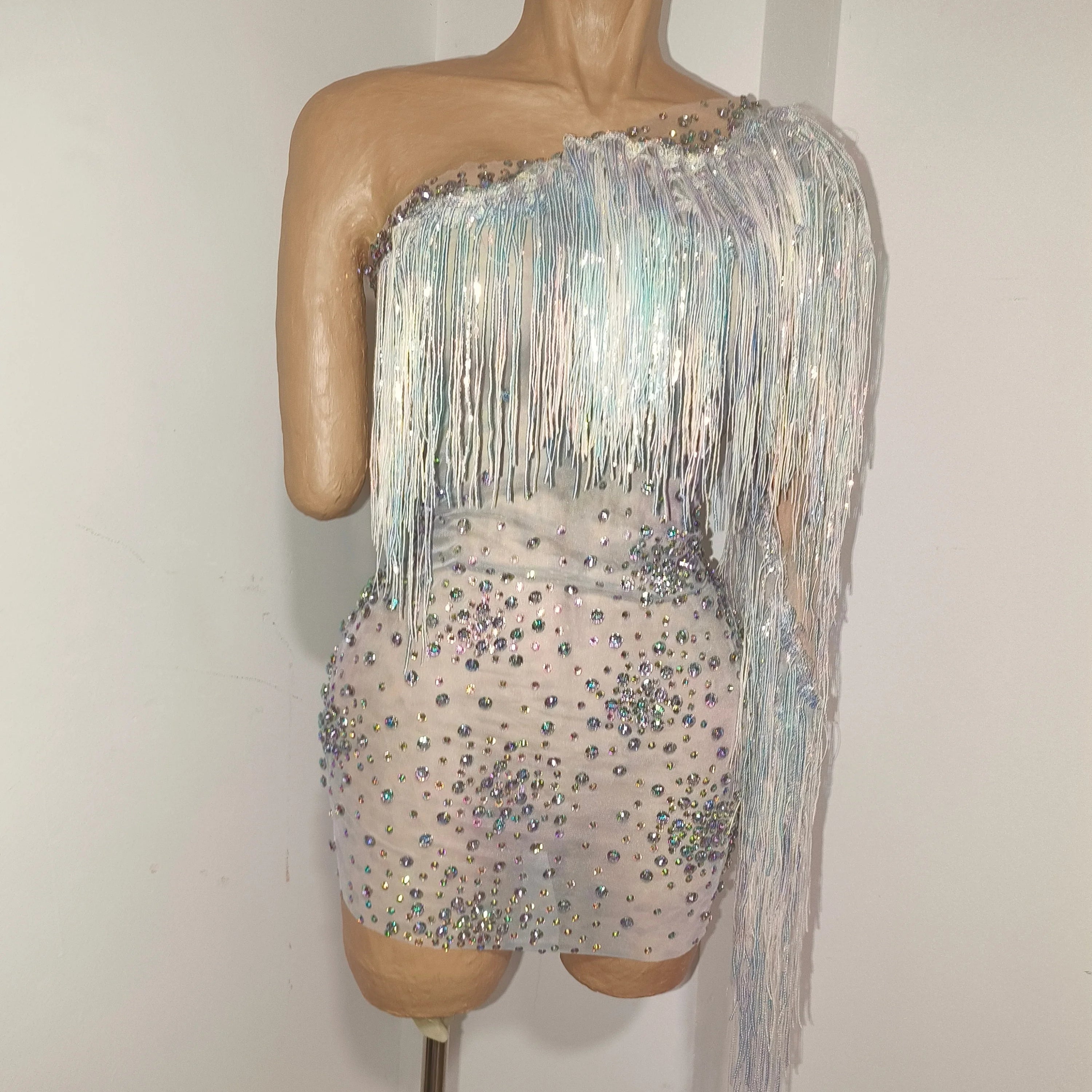 Glamorous Nude Sheer Mesh Dress Women Long Sleeve AB Rhinestone Fringe Embellished Nightclub Party Dance Performance Outfit