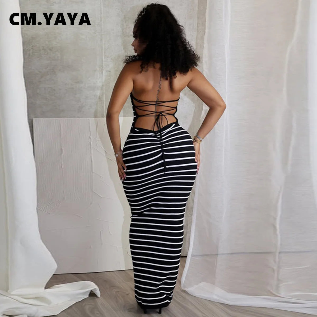 CM.YAYA Women Sleeveless O-neck Halter Backless Long Dress Summer Striped Print Evening Sexy Night Club Party Dresses Vestidos
