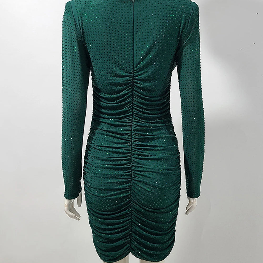 2025 New Rhinestone Long Sleeve Sexy Mini Dress For Women Fashion Shawl Collar Bodycon Club Dress Elegant Female Party Clothes