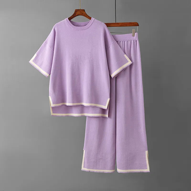 WAYOFLOVE Spring Autumn Knitted Sweater Women Two Pieces Sets O-Neck Loose Pullovers Sweater Tops & Wide-Leg Pants Knitwear Suit PURPLE One Size