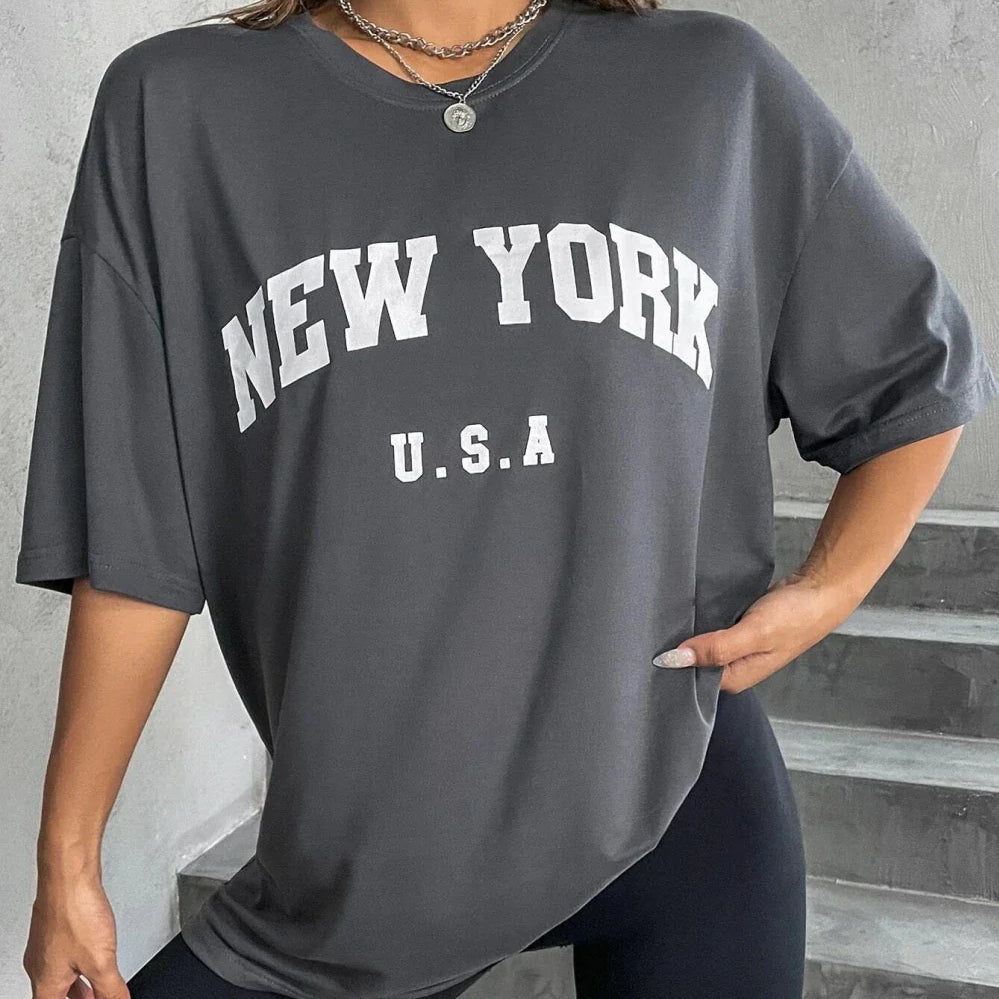U.S.A New York USA City Street Printed Women T Shirts Breathable Summer T-Shirt Fashion Tees Clothing O-Neck Short Sleeve dark gray
