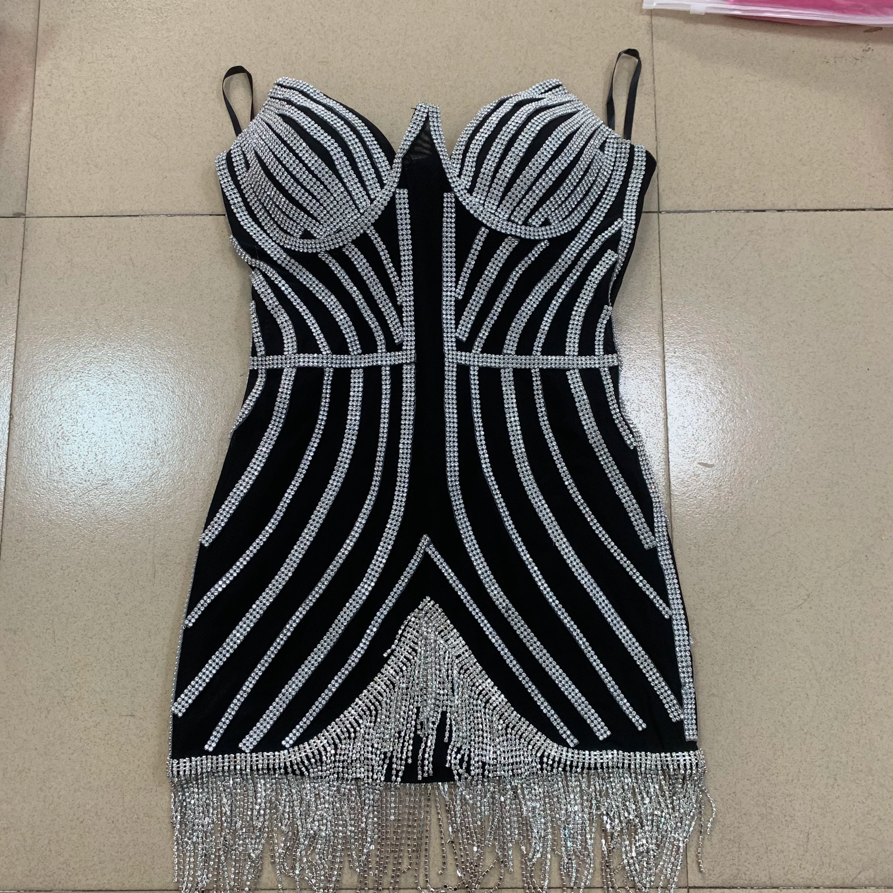 Black Khaki Pearls Sparkly Tassels Birthday Dress Women Sexy Club Wear Strapless Party Night Celebrity Mini Dress black