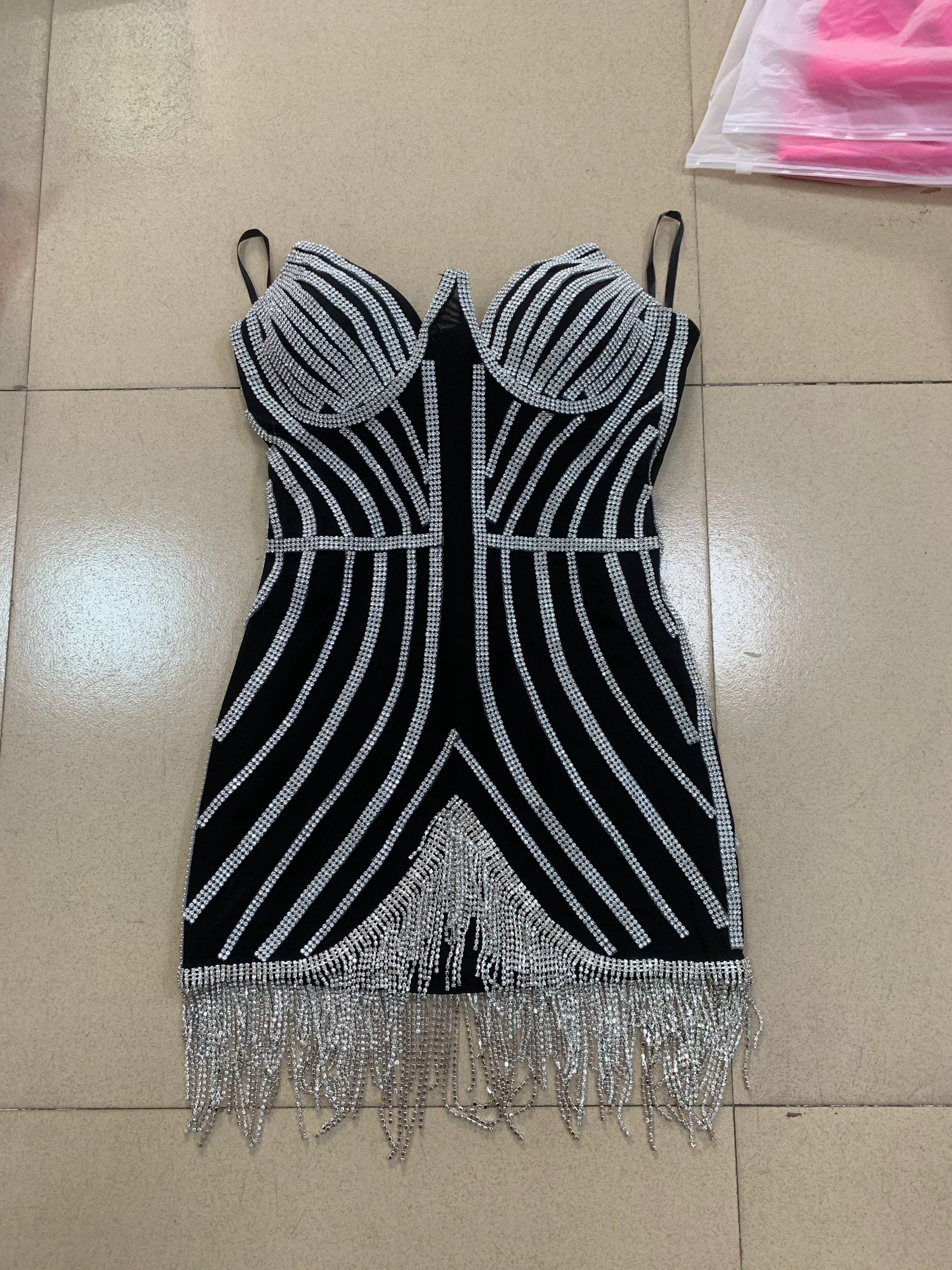 Black Khaki Pearls Sparkly Tassels Birthday Dress Women Sexy Club Wear Strapless Party Night Celebrity Mini Dress black