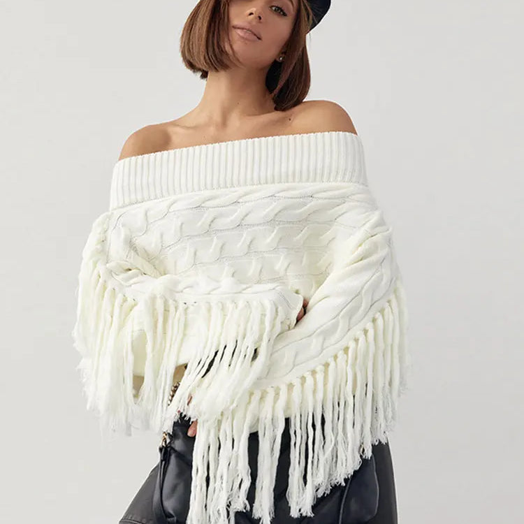 Thicken White Tassel Off Shoulder Sweater Women Elegant Slash Neck Long Sleeve Short Wool Pullover Winter Lady Knit Jumpers White A