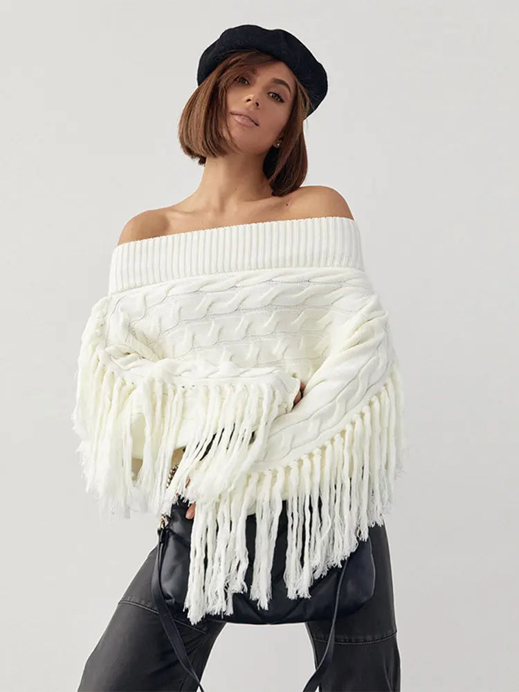 Thicken White Tassel Off Shoulder Sweater Women Elegant Slash Neck Long Sleeve Short Wool Pullover Winter Lady Knit Jumpers White A