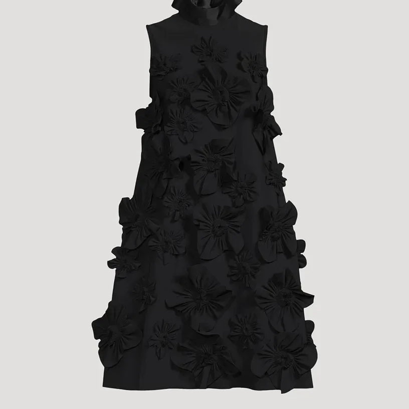 Elegant Ladylike Short Skirt Heavy Embroidery Splicing Belted Dress Women's Fashion Spring Sleeveless Dress black