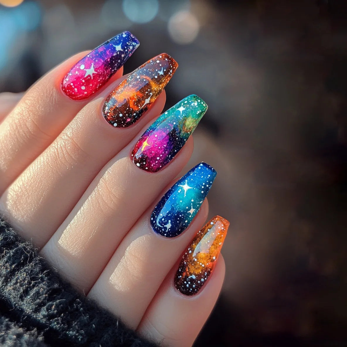 24Pcs Short Square Glossy Press on False Nails with Dreamy Gradient Colorful Firework Fake Nails Removable Full Cover Nail Tips 4