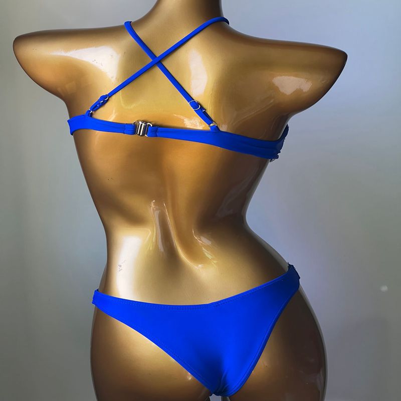 Sexy Push Up Gathered Triangle Bikini Luxury Rhinestone Crysta Diamond Women's Swimwear Summer Shiny Blue Swimsuit Biquini