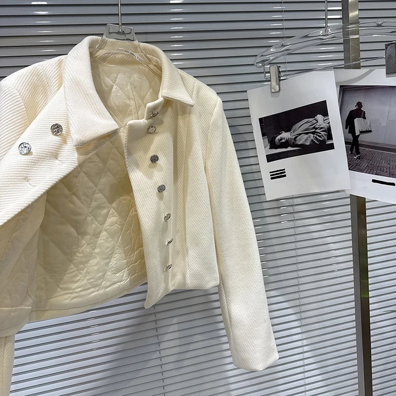 Winter New Fashion Sweet Temperament Double Row Metal Button Quilted Short Jacket Skirt Set For Women 1A07892