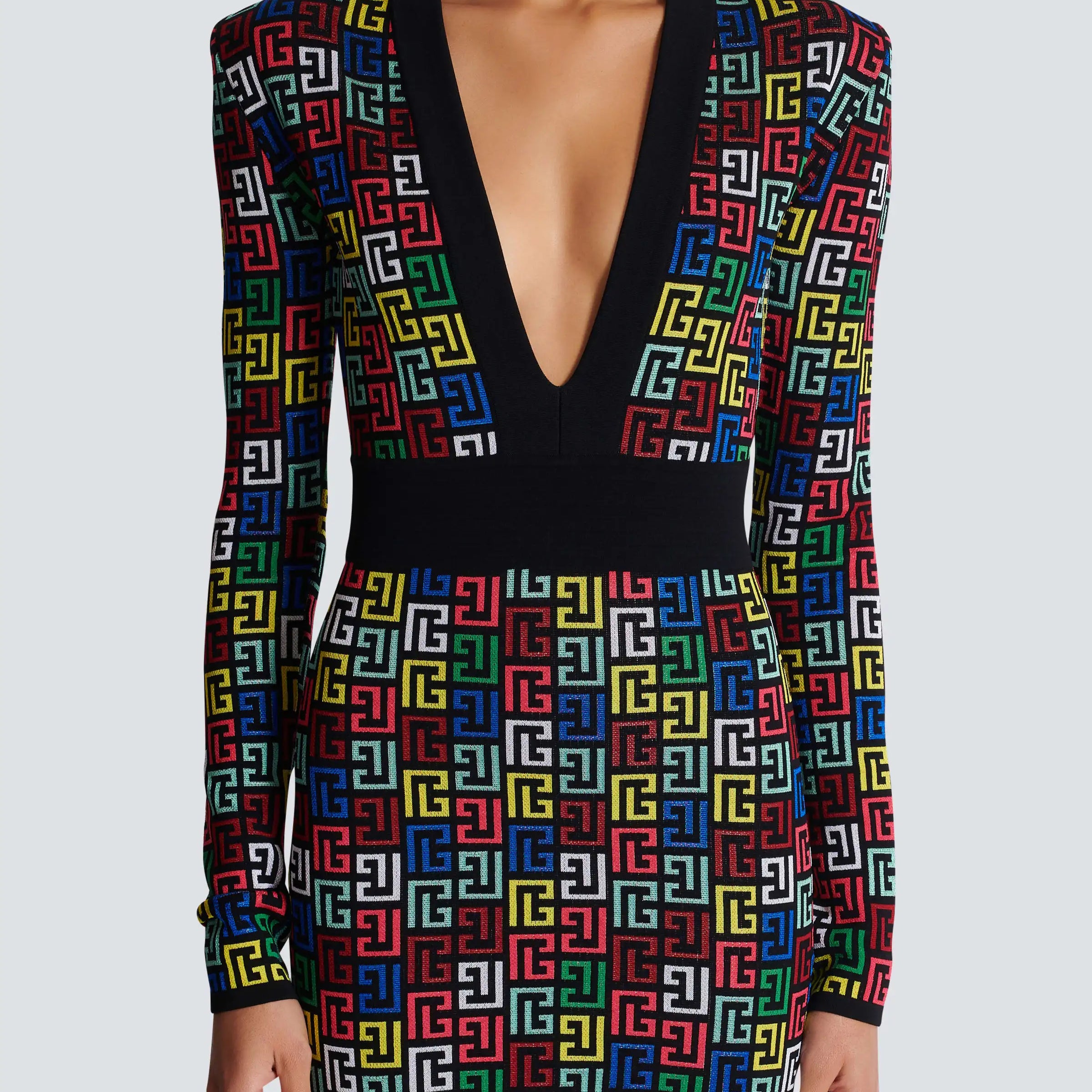 2024 Women Long Sleeve Deep V-Neck Bodycon Mini Jacquard Bandage Dress Elegant Evening Party Cocktail Outfit black