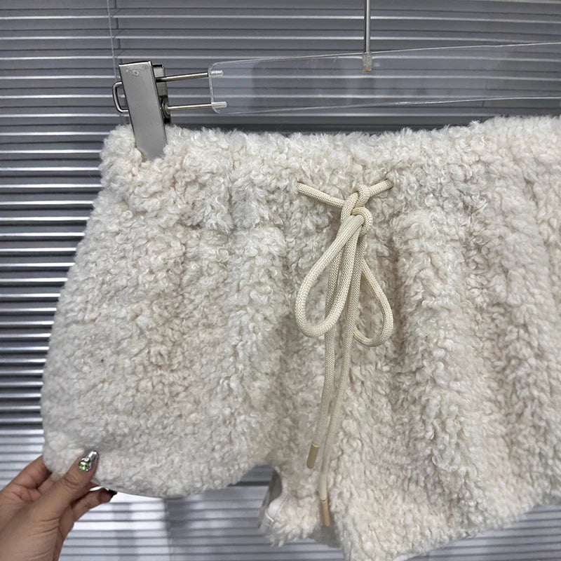 Autumn Winter New Thickened Lamb Wool Shorts For Women Elastic Waist Drawstring Design A-line Hot Pants 11A07633