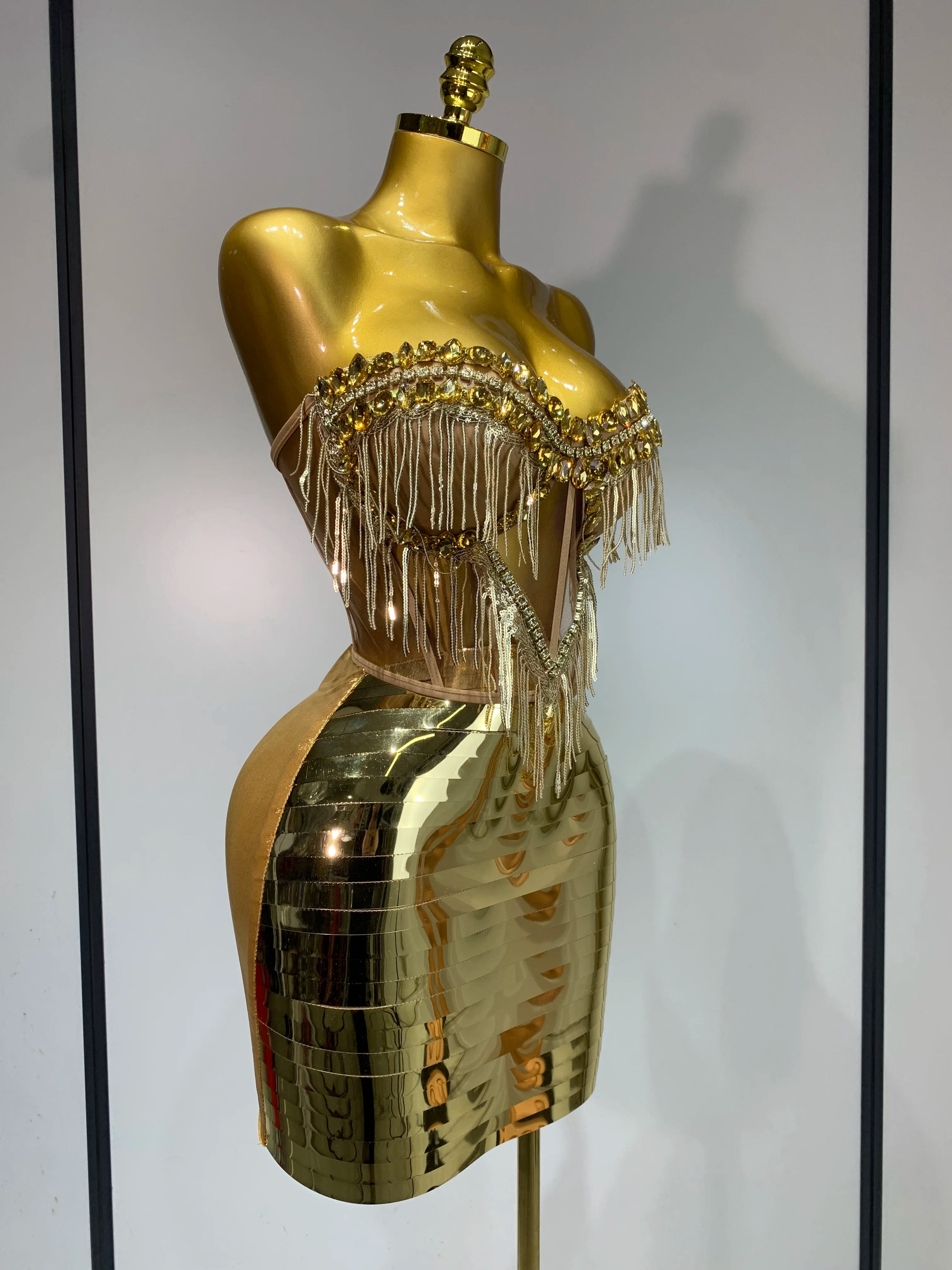 2025 Sparkly Gold Rhinstones tassels Top Skirt Set Women Sexy Strapless Designer Two Pieces Nightclub Evening Party Stage Outfit