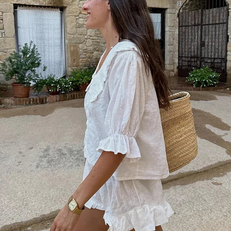 Casual Ruffle Doll Collar Shirts Shorts Set Women Puff Short Sleeve Single Breasted Blouses Suit Summer Loose Lady Suits