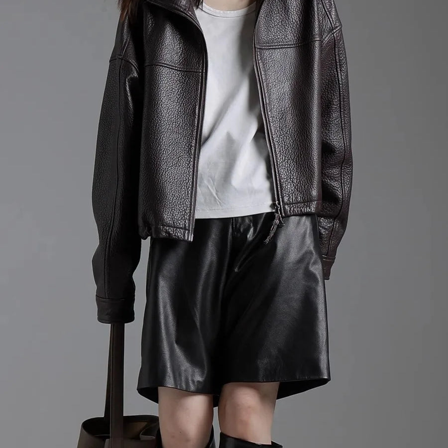 Lautaro Spring Autumn Cool Waterproof Short Brown Pu Leather Jacket Women with Long Raglan Sleeve Zip Up Luxury Designer Clothes