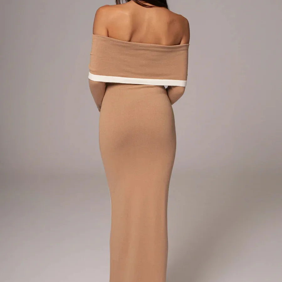 Black Brown Color Women Long Sleeve Sexy Slash Neck Off the Shoulder Bodycon Bandage Long Dress Celebrate Evening Party Dress