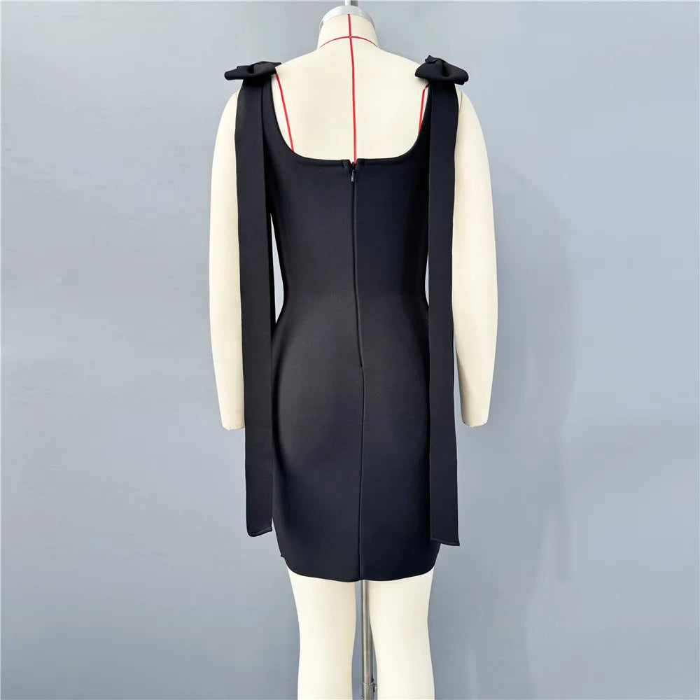 Black Color Women Sleeveless Square Collar Shinning Crystal Bodycon Mini Bandage Dress Nightclub Party Celebrate Birthday Wear