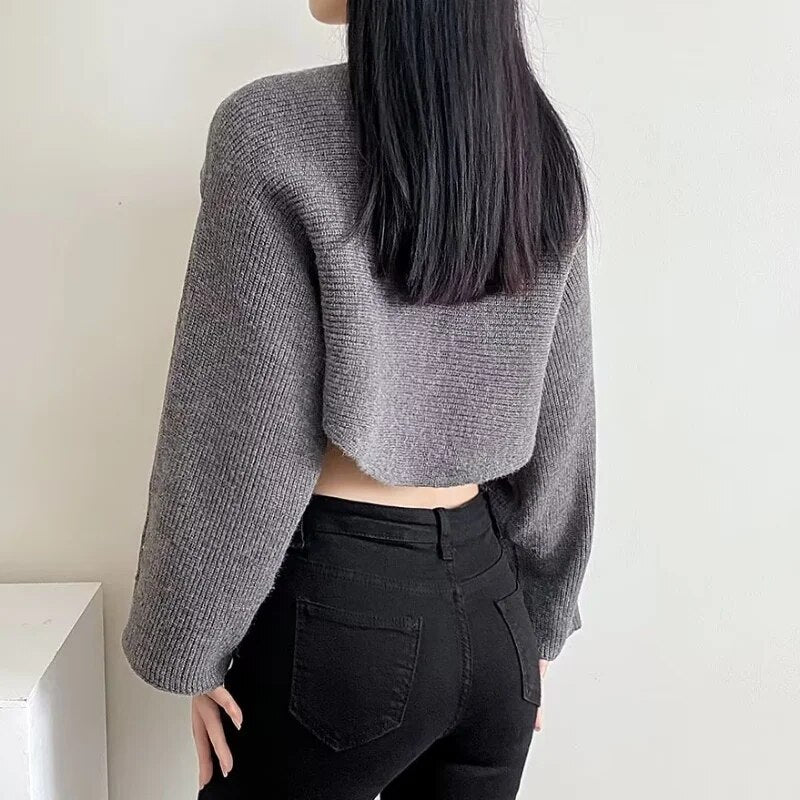 Short Pullovers Sweaters Autumn Winter 2024 Streetwear Knitted Sweater Women's Long Sleeve Cross Irregular Solid Y2K Tops 22933