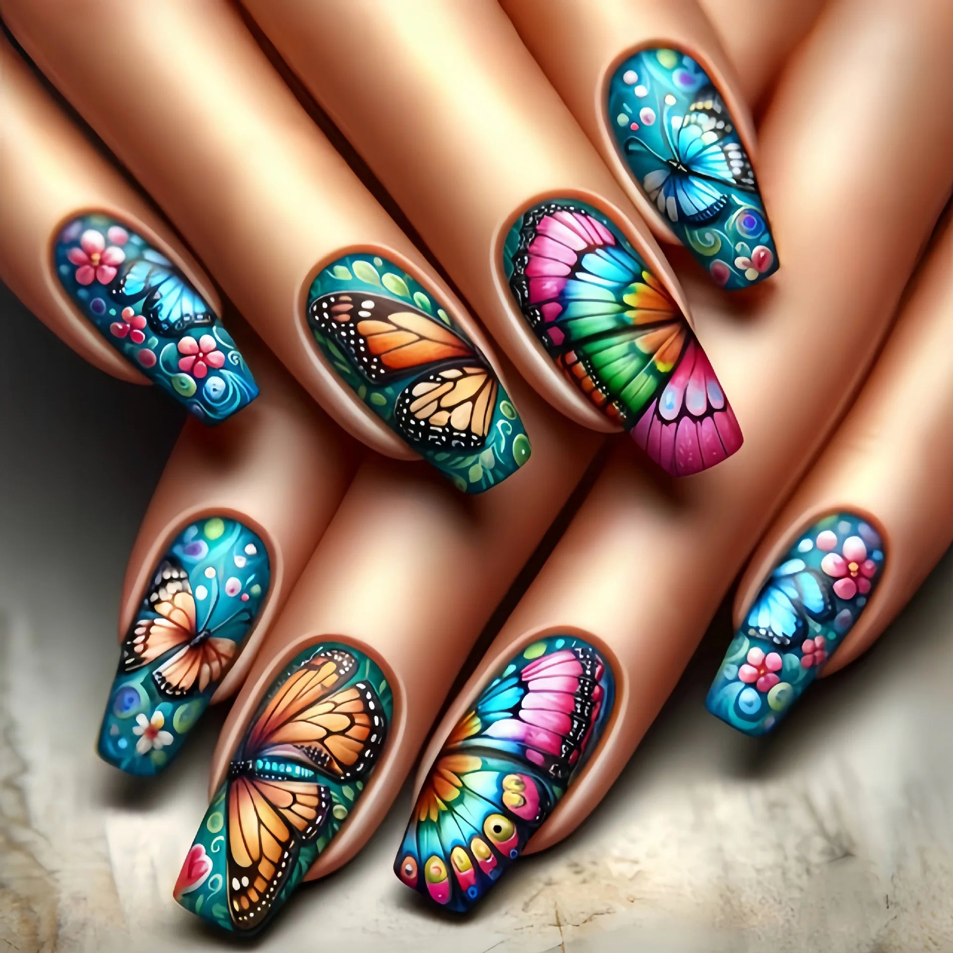 24Pcs Fashion French Fake Nails Colorful Glitter with Butterfly Patterns Medium Square False Nail Art Wearable Acrylic Nail Tips 3