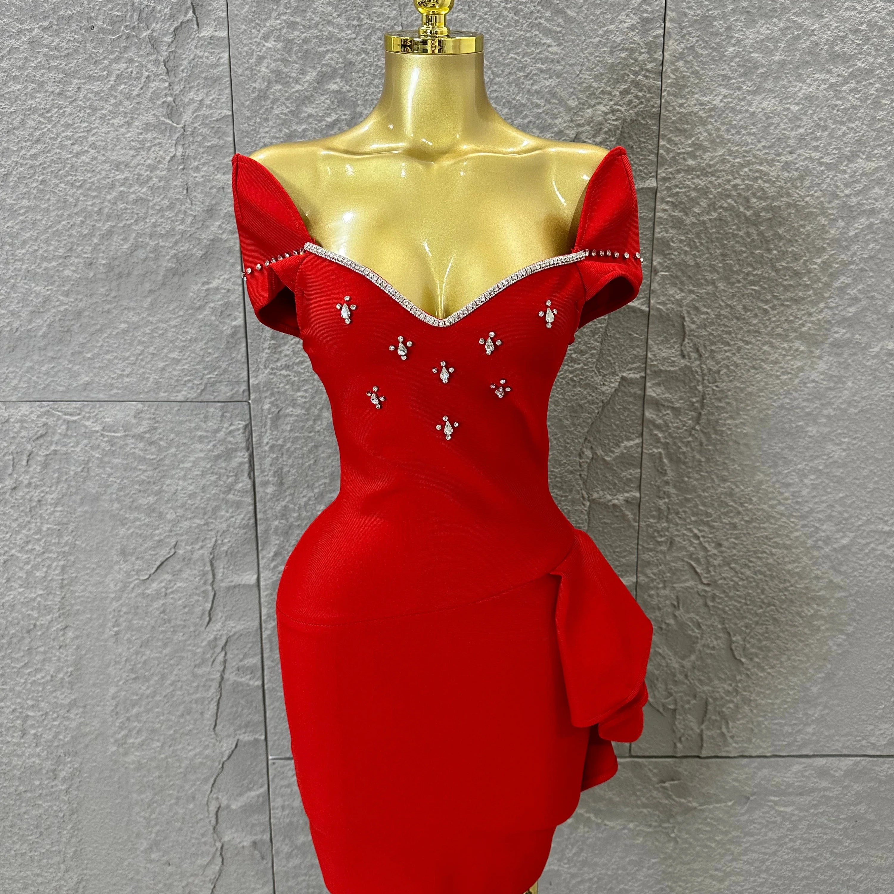 Elegant Black Red Off-Shoulder Mini Dress Women Sexy Crystal Embellished Ruffle Waist Bodycon Outfit Formal Event Party Costume Red