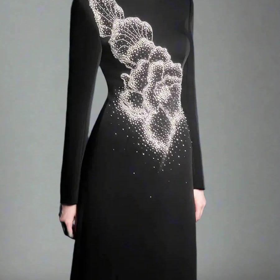 Solid Spliced Stick Drill Elegant Dresses for Women Round Neck Long Sleeves Temperamnet Dress Female Fashion New