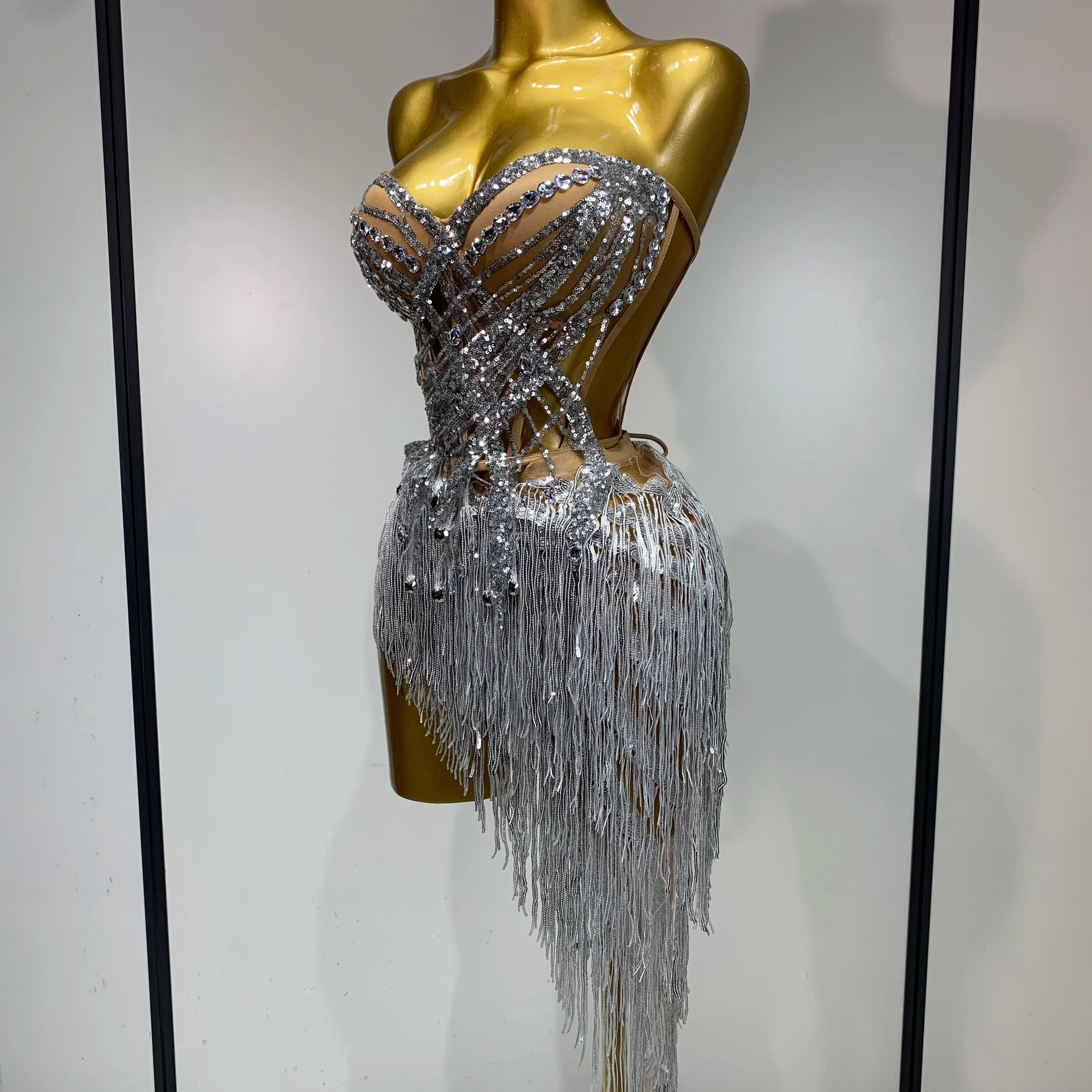 Women Sexy Singer Dancer Performan Costume Nightclub Bar Girl Sparkly Diamond Tassel Two Piece Set Evening Party Outfit